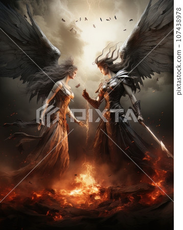 Confrontation between angel and demon, good and evil, Christian oil painting. AI 107438978