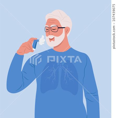 Bronchial asthma. World Asthma Day. Elderly man using an asthma inhaler Allergy, asthmatic. Inhalation drug. Bronchial asthma. Bronchial asthma. World Asthma Day. Elderly man using an asthma inhaler Allergy, asthmatic. Inhalation drug. Bronchial asthma. 107439075