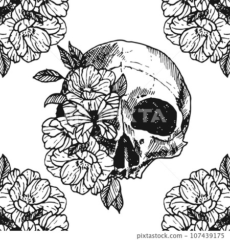 Skull with exotic flowers. Black on a white background, Skull sketch vector illustration, Vector hand drawn illustration. 107439175