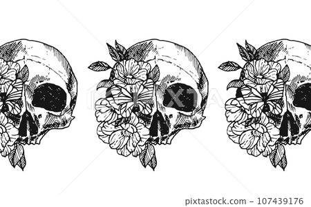 Skull with exotic flowers. Black on a white background, Skull sketch vector illustration, Vector hand drawn illustration. 107439176
