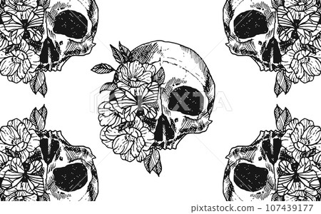Skull with exotic flowers. Black on a white background, Skull sketch vector illustration, Vector hand drawn illustration. 107439177