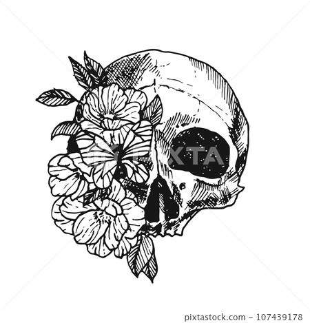 Skull with exotic flowers. Black on a white background, Skull sketch vector illustration, Vector hand drawn illustration. 107439178
