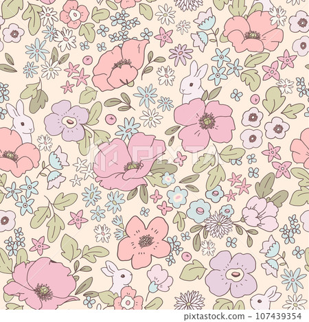 Beautiful vector seamless pattern with cute colorful abstract flowers and white rabbits. Stock print illustration. Popular design. Beautiful vector seamless pattern with cute colorful abstract flowers and white rabbits. Stock print illustration. Popular design. 107439354