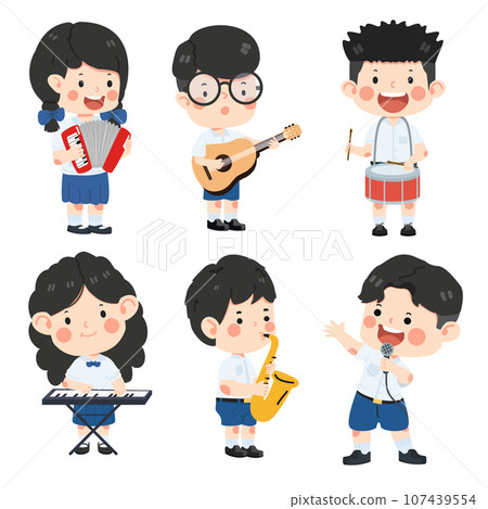 Kid student different instruments with friends together 107439554