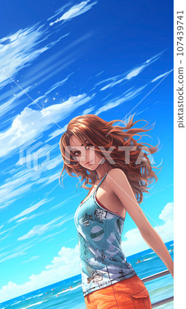 手绘卡通唯美的海边玩耍的少女插画 107439741