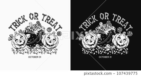 Label with witch cauldron full of traditional halloween candy, eyeballs, pumpkin heads like happy kids. Vintage style Label with witch cauldron full of traditional halloween candy, eyeballs, pumpkin heads like happy kids. Vintage style 107439775