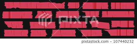 A set of plastic red pieces of torn scotch tape. Trendy elements for designs with realistic texture. Vector patches on transparent background. 107440232