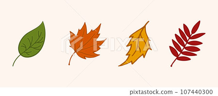 Set autumn leaves. Colored autumn leaves of aspen, birch, maple, rowan. Doodle Vector illustration. Set autumn leaves. Colored autumn leaves of aspen, birch, maple, rowan. Doodle Vector illustration. 107440300