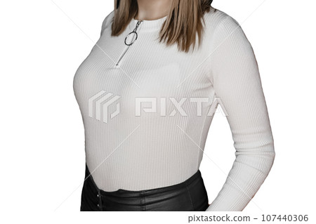 Slender girl in white blouse and black pants posing on a isolated background, women's style and fashion clothes Slender girl in white blouse and black pants posing on a isolated background, women's style and fashion clothes 107440306