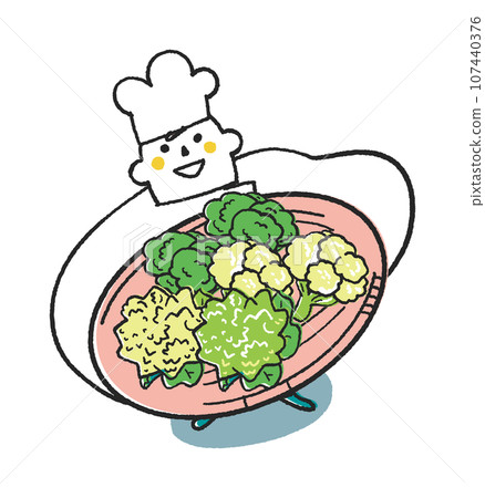 插畫素材：廚師或廚師拿著細花椰菜、羅馬花椰菜和花椰菜抬頭看著你 107440376