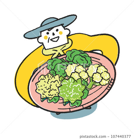 A farmer or home gardener looking up at you while holding a splendid broccoli, romanesco, or cauliflower. A farmer or home gardener looking up at you while holding a splendid broccoli, romanesco, or cauliflower. 107440377