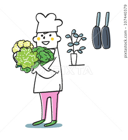 廚師或廚師拿著西蘭花、羅馬內斯科和花椰菜插畫素材 107440379