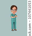 A female character ties her hair into a bun in a green nursing assistant uniform. 3d illustration 107441053