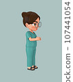 A female character ties her hair into a bun in a green nursing assistant uniform. 3d illustration 107441054