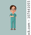 A female character ties her hair into a bun in a green nursing assistant uniform. 3d illustration 107441055