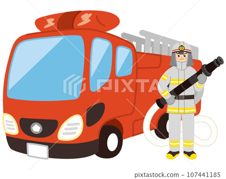 Ladder fire truck and female firefighter disaster prevention rescue 107441185