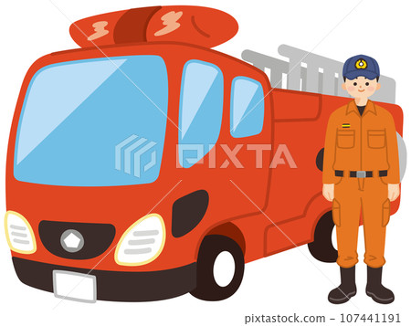 Ladder fire truck and male firefighter disaster prevention rescue Ladder fire truck and male firefighter disaster prevention rescue 107441191