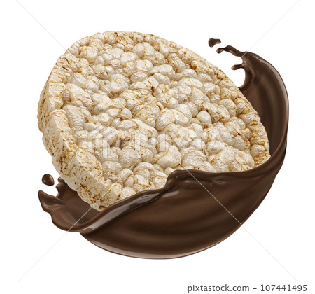 Puffed rice cake falling into chocolate splash isolated on white background 107441495
