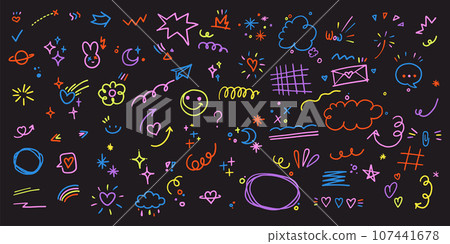 Doodle cute glitter pen line elements. Naive groovy Fun colorful Simple sketch line style emphasis, attention, Heart, arrow, star, underline, speech balloons, sparkle decoration symbol set icon. 107441678