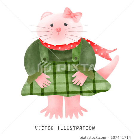 Happy pink ferret wearing green plaid dress 107441714