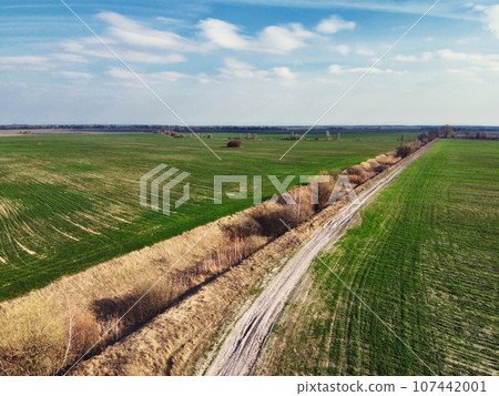 Abandoned land reclamation canal in the field, aerial view. Agricultural landscape. 107442001