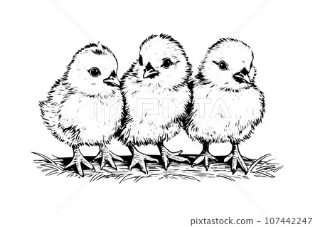 Cute little chicken hand drawn ink sketch. Engraved style retro vector illustration. 107442247