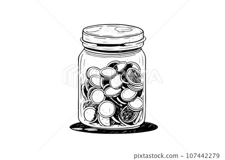 Full jar of coin hand drawn ink sketch. Engraved vector illistration. Full jar of coin hand drawn ink sketch. Engraved vector illistration. 107442279