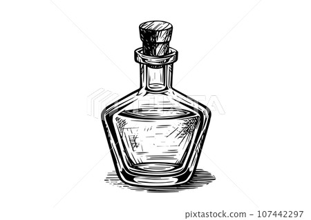 Bottle with wooden stopper hand drawn ink sketch. Engraved style vector illustration. Bottle with wooden stopper hand drawn ink sketch. Engraved style vector illustration. 107442297