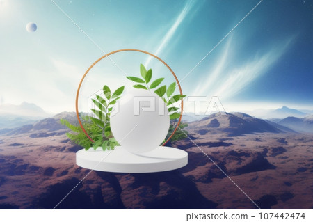 Image of a white round podium mockup, framed with fresh green leaves for presenting organic cosmetic products. Created with generative AI tools 107442474