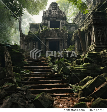 An ancient stone temple with intricate carvings, nestled in a forest under a sky, exuding a mystical and serene atmosphere. Created with generative AI tools 107442745