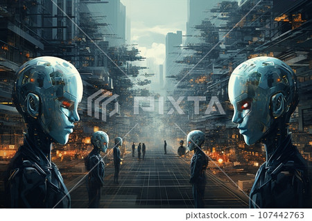 A futuristic city with tall buildings and robots walking on the streets, dominated by two large robots with metallic blue heads and black bodies. Created with generative AI tools 107442763