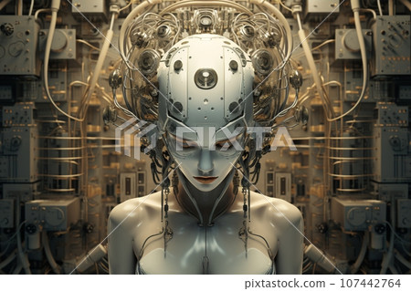 A surreal image of a human head made of wires and mechanical parts. Created with generative AI tools 107442764