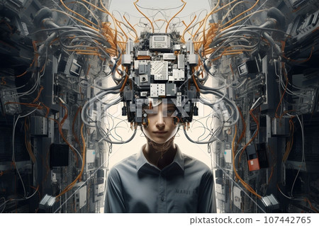 A surreal image of a man with a computer motherboard for a head, wearing a blue shirt, against a symmetrical server room background. Created with generative AI tools A surreal image of a man with a computer motherboard for a head, wearing a blue shirt, against a symmetrical server room background. Created with generative AI tools 107442765