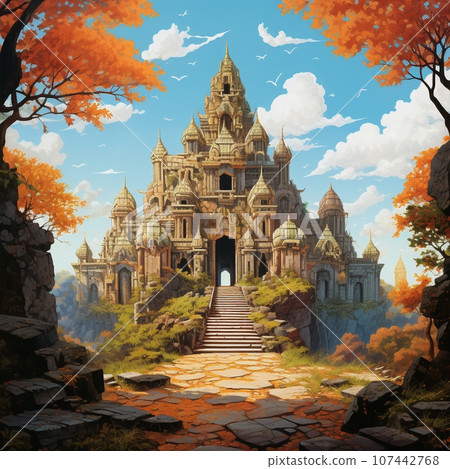 Nestled within a forest, an ancient stone temple adorned with intricate carvings projects a mystical and tranquil ambiance under the vast sky. Created with generative AI tools 107442768