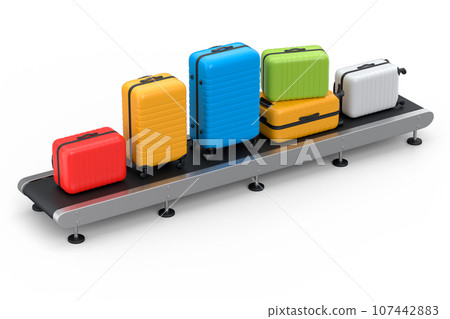 Airport luggage conveyor belt or manufacture line with baggages on white. 107442883