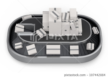 Airport conveyor belt or baggage claim area with cardboard boxes or cartons Airport conveyor belt or baggage claim area with cardboard boxes or cartons 107442884