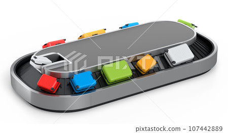 Airport luggage conveyor belt or baggage claim area with suitcases on white. 107442889