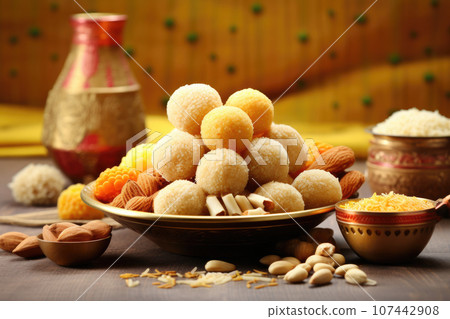 Happy Makar Sankranti, Pongal and Uttarayan with Tilgul laddu sweets 107442908