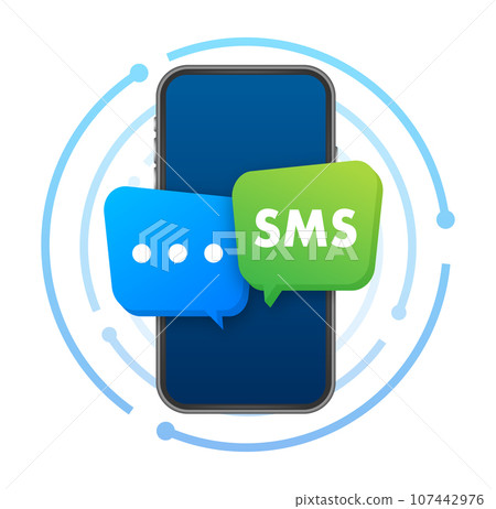 Blue and green speech Bubbles with the word Sms on them. Mobile mail marketing, e-commerce, internet advertising and promotion Blue and green speech Bubbles with the word Sms on them. Mobile mail marketing, e-commerce, internet advertising and promotion 107442976