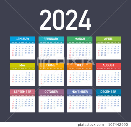 Calendar 2024 template, Planner 2024 year. Set of 12 calendar, advertisement, printing. Vector stock illustration 107442990
