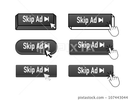 Skip Ad with pointer clicking. Skip Ad web buttons set. User interface element in flat style. Vector stock illustration Skip Ad with pointer clicking. Skip Ad web buttons set. User interface element in flat style. Vector stock illustration 107443044