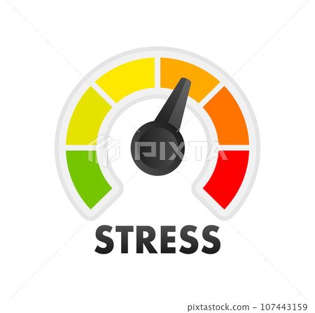 Stress Level Meter, measuring scale. Stress Level speedometer indicator. Stress regulation, safe health. Vector stock illustration 107443159