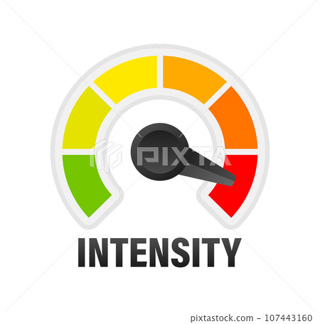 Intensity Level Meter, measuring scale. Intensity Level speedometer indicator. Vector stock illustration 107443160