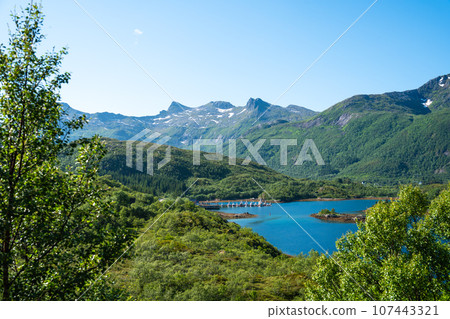 Amazing view at Lofoten islands, Austnesfjorden, Norway. Fjord summer landscape travelers rest area 107443321