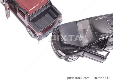 Car crash accident isolated on white background, top view. Insurance concept. Car crash accident isolated on white background, top view. Insurance concept. 107443418