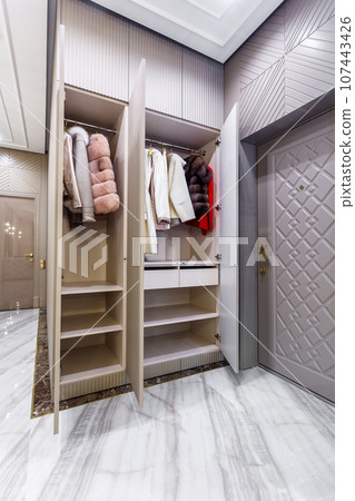 Modern built in wardrobe with closet. Assortment of Russian fur coats 107443426