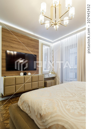 Luxury bedroom interior with parquet and wood marble walls 107443432