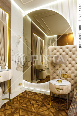 luxury hotel bedroom. Bed with carriage coupler headboard luxury hotel bedroom. Bed with carriage coupler headboard 107443438