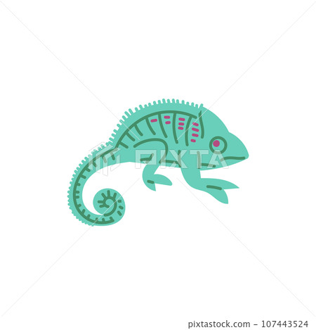 Green chameleon with curled tail, cartoon salamander character, vector illustration of exotic pet reptile animal 107443524