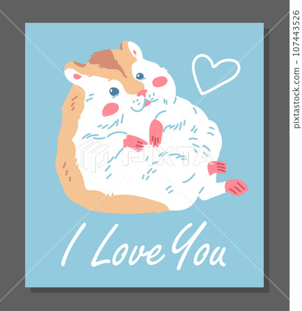 Cute ginger fat hamster with white belly, funny fluffy pet cartoon vector, small adorable home anima, I love you poster Cute ginger fat hamster with white belly, funny fluffy pet cartoon vector, small adorable home anima, I love you poster 107443526